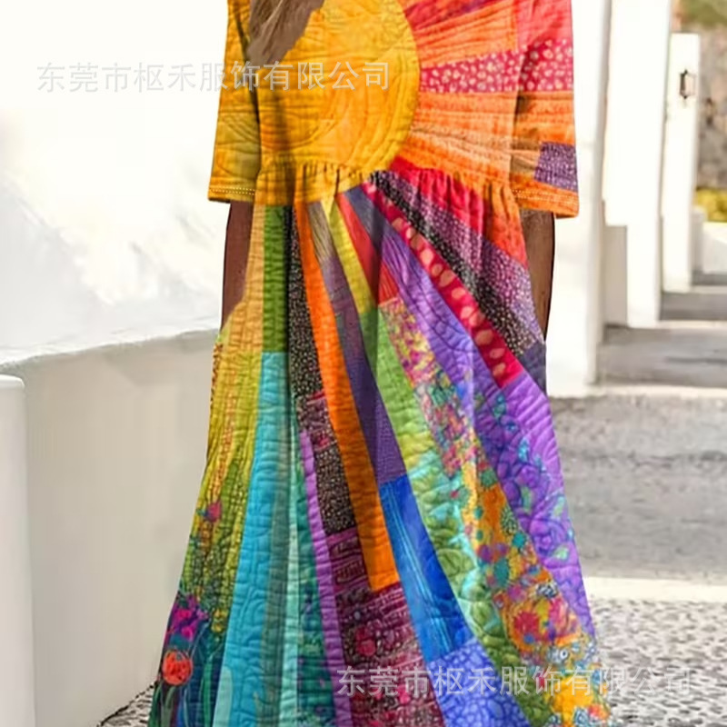 Women's Colorful Floral Print Ruched Midi Dress