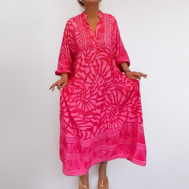 Floral Print Long Dress – Loose A-Line V-Neck Vacation Dress