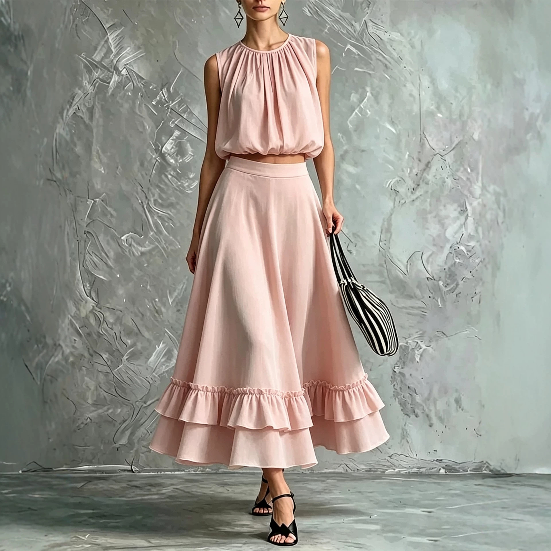 Women's Sleeveless Round Neck Top and Ruffle Hem Maxi Skirt Set