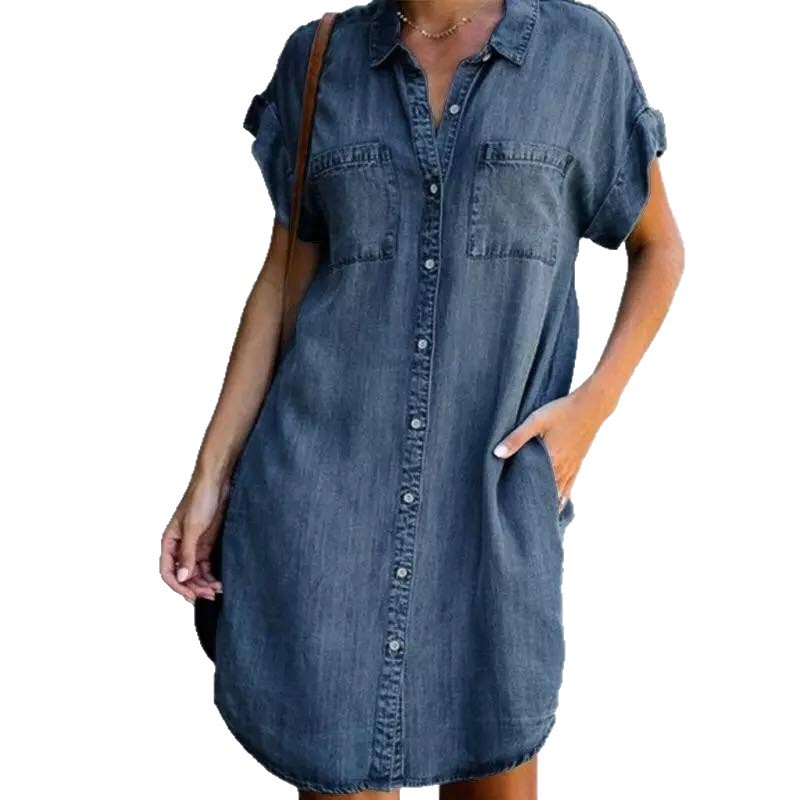 Collared Short Sleeve Slim Fit Denim Shirt Dress for Women