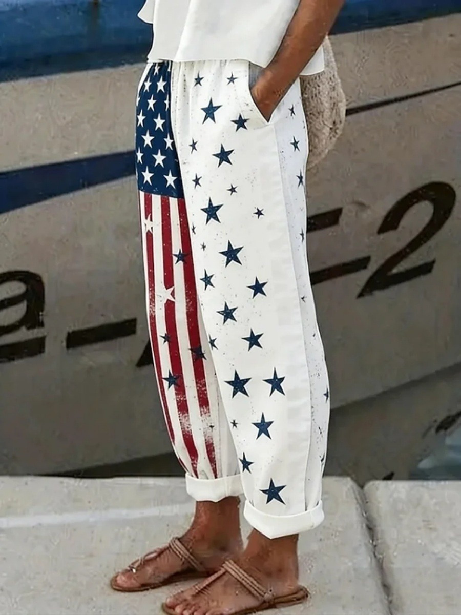 Women's American Flag Print Jogger Pants Casual Tapered