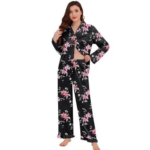 Women's Cuban Collar Butterfly Ribbon Print Long Sleeve Loungewear Set