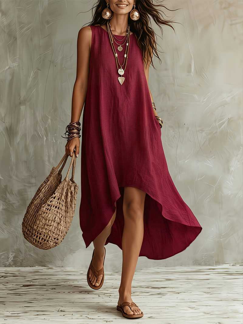 Solid Sleeveless A-Line Maxi Dress Round Neck Loose Fit