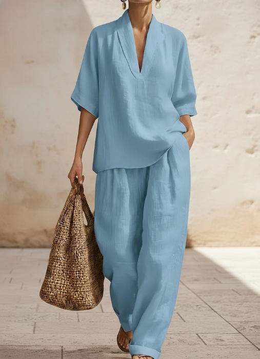 Women's Minimalist Linen Two-Piece Set Casual Solid Color