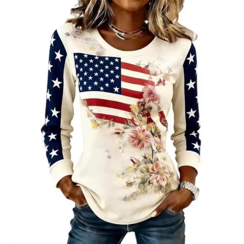 Women's American Flag Floral Print Crewneck Sweatshirt
