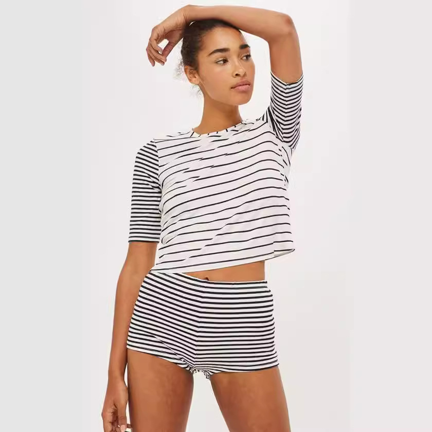 Striped Short Sleeve T-Shirt and High Waist Shorts Casual Set