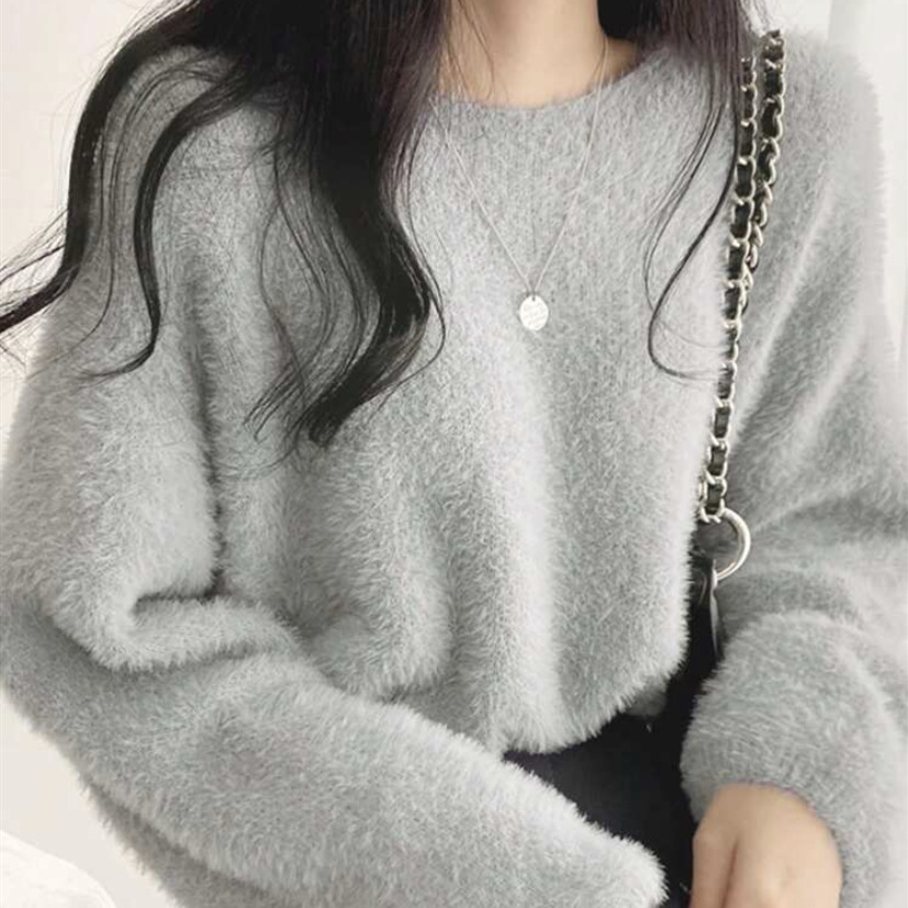 Faux Mink Velvet Crewneck Pullover Sweater Women's Long Sleeve Knit Top