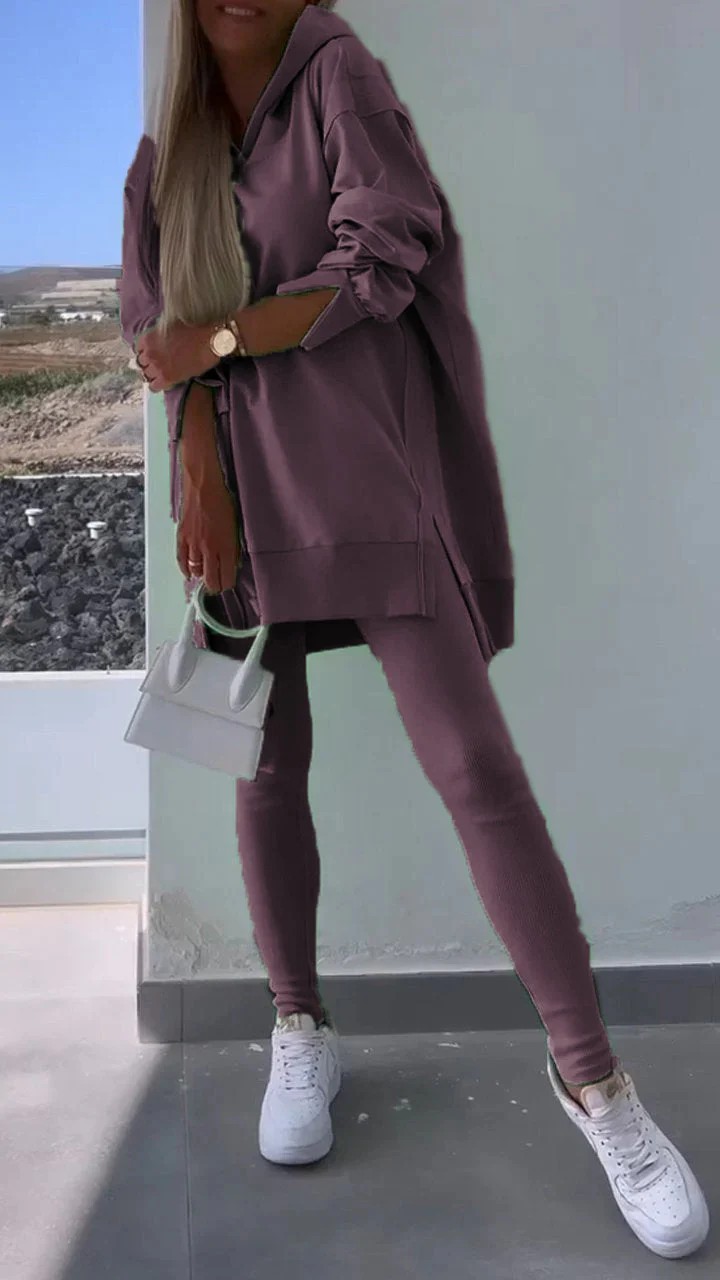 Women's Casual Hooded Split Top and Leggings Two-Piece Set