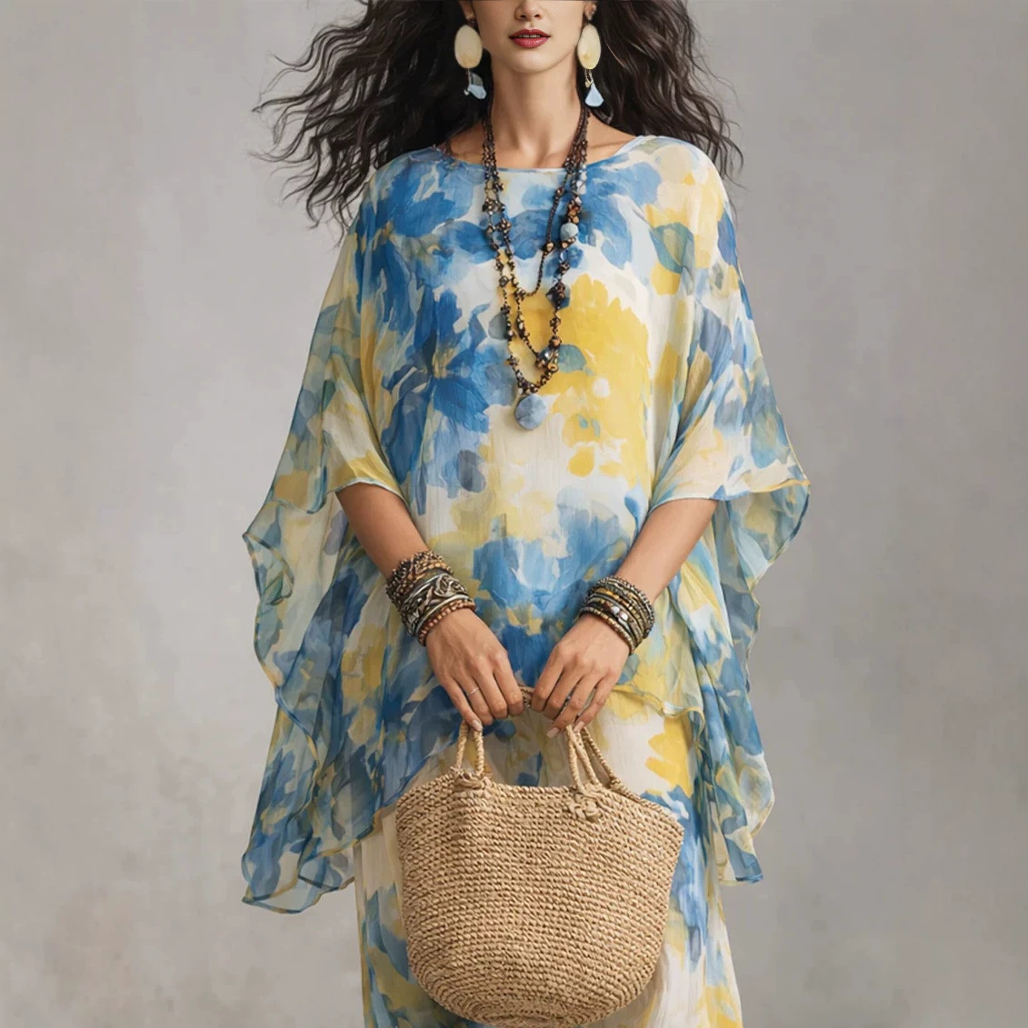 Elegant Floral Two-Piece Dress Set with Long Skirt and Loose Fit