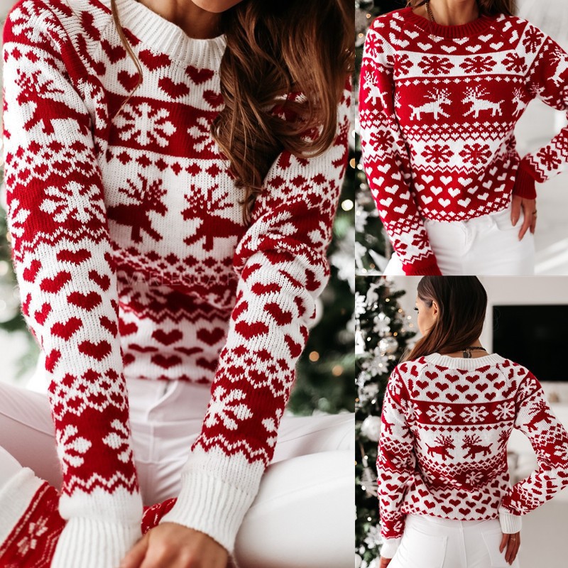 Christmas Snowflake Long-Sleeve Knit Sweater for Women
