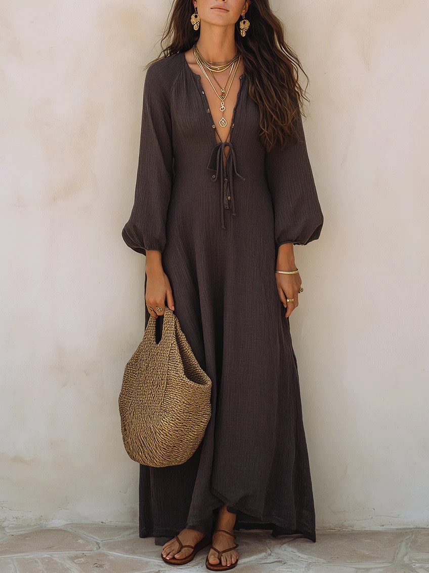 Deep V-Neck Tie-Front Textured Bubble Sleeve Boho Maxi Dress