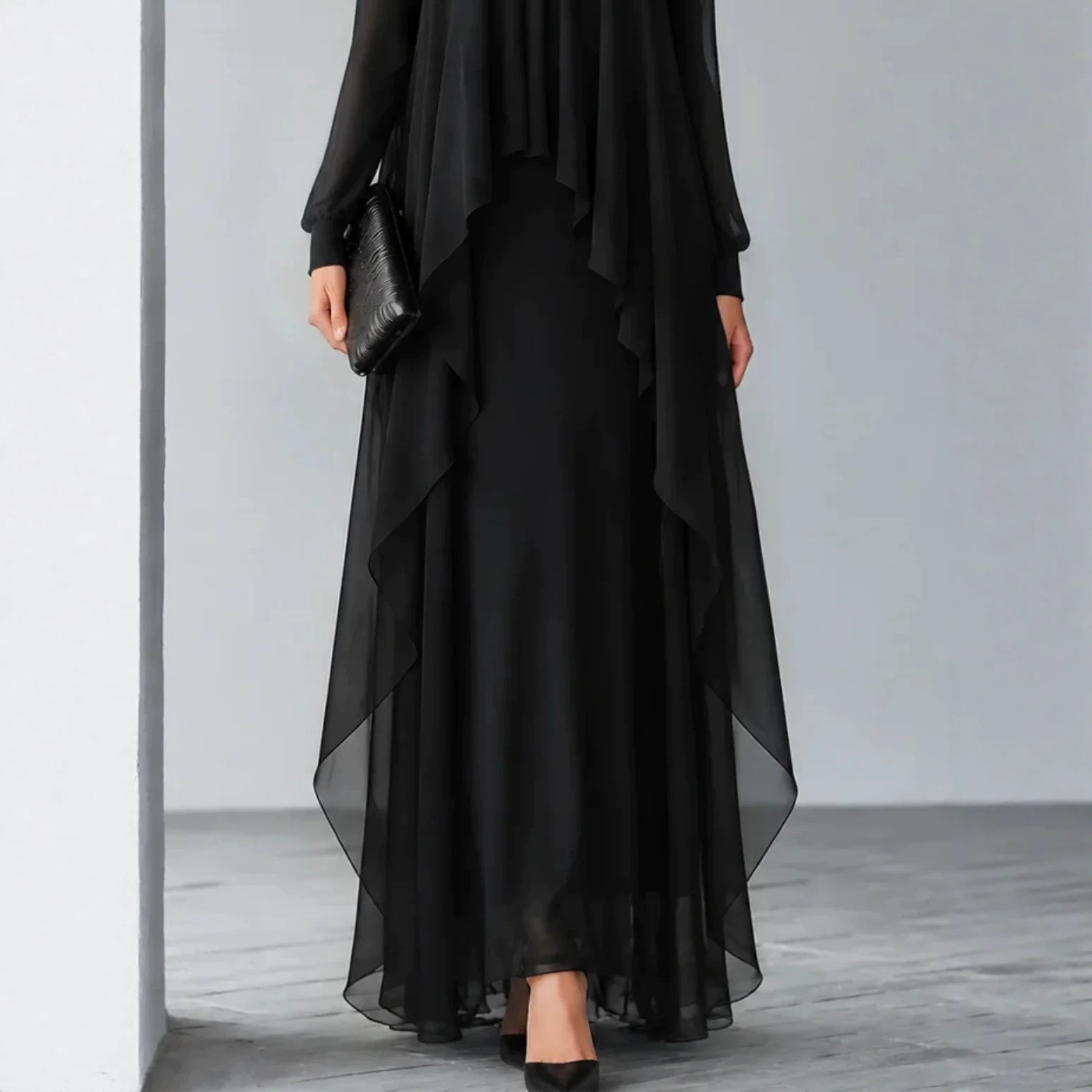 Black Stand-Collar Chiffon Ruffled Faux Two-Piece Long Sleeve Evening Dress