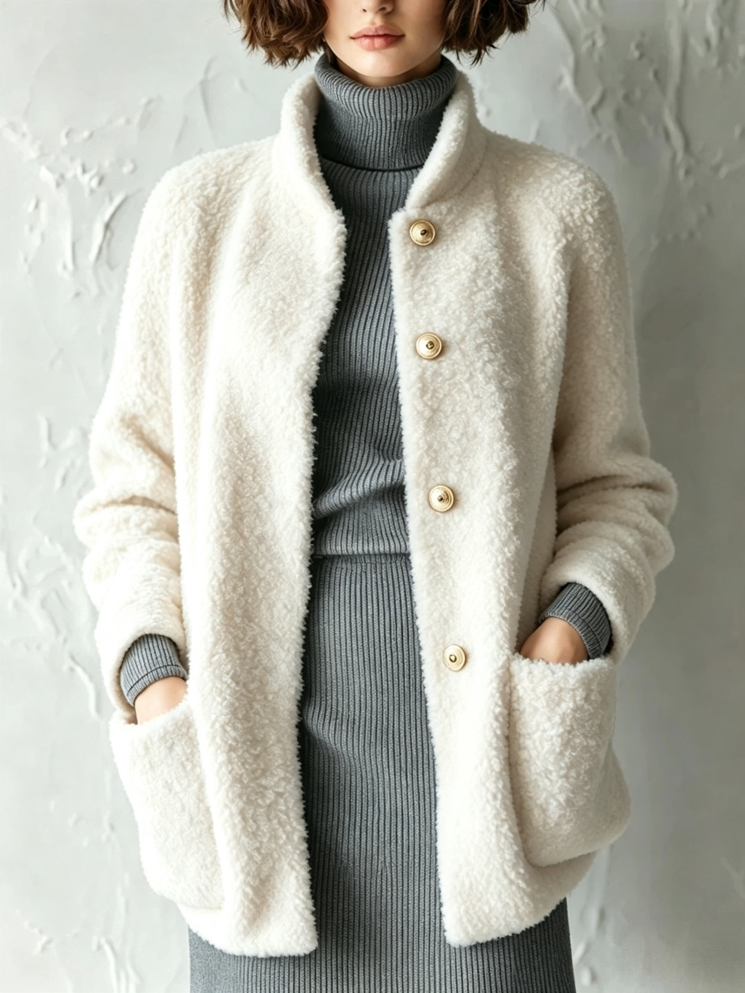 Women's Fuzzy Button-Up Cardigan Solid Color Loose Fit