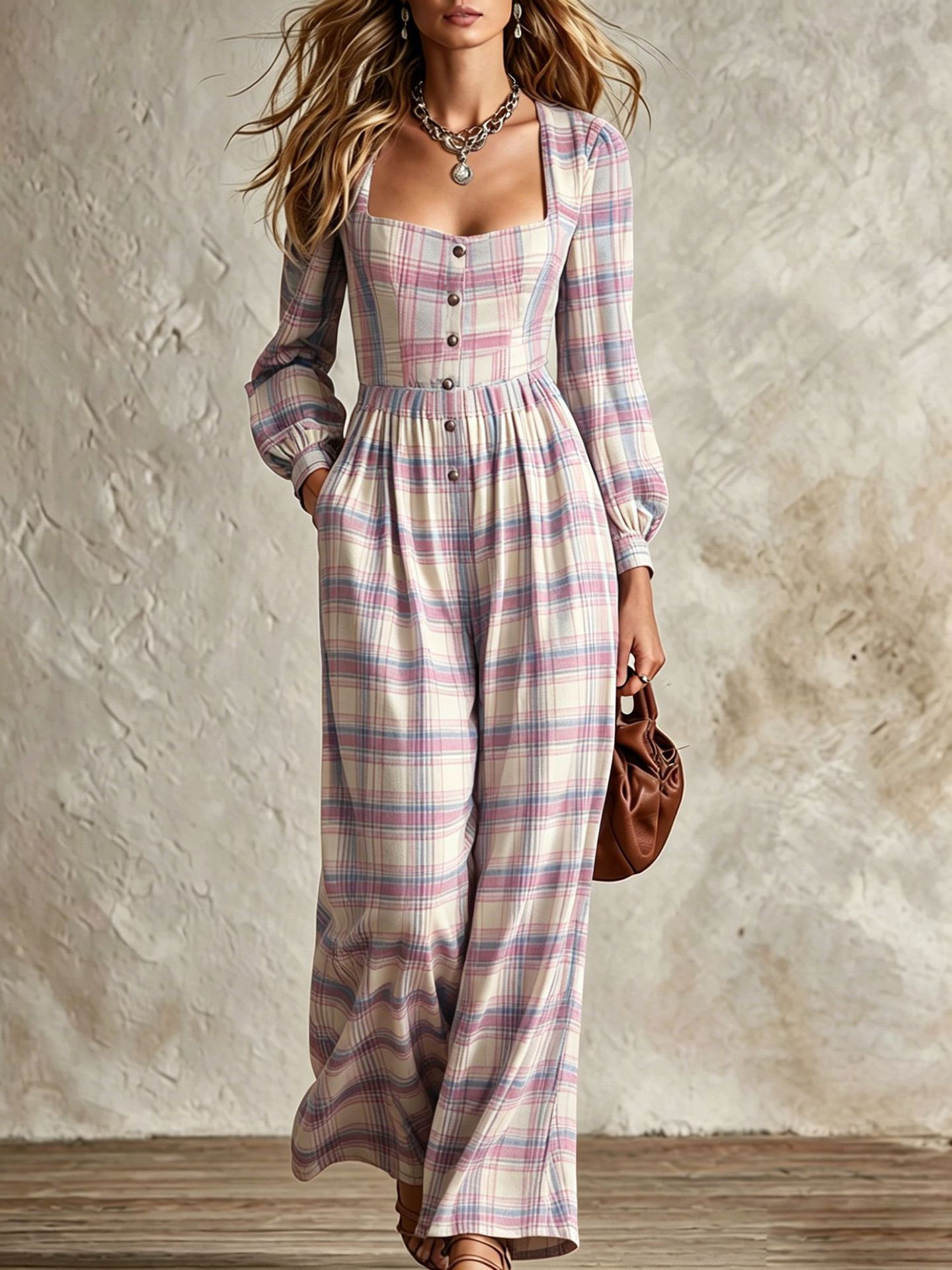 Plaid Square Neck Button-Front Wide-Leg Jumpsuit