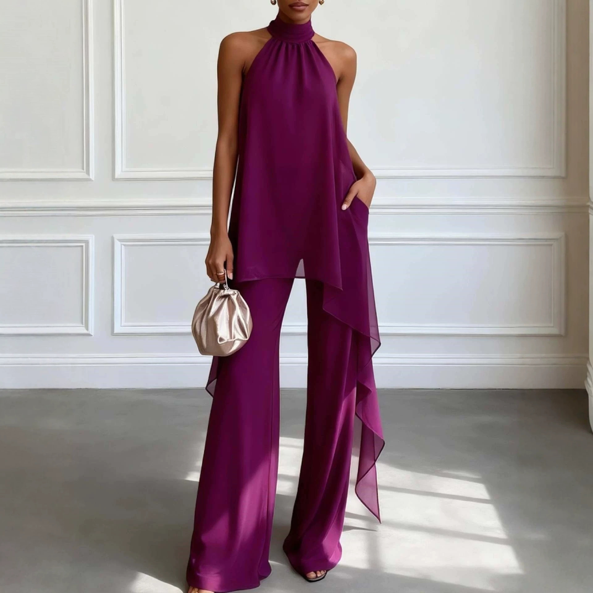 Women's Sleeveless Halter Chiffon Two-Piece Set Solid Color