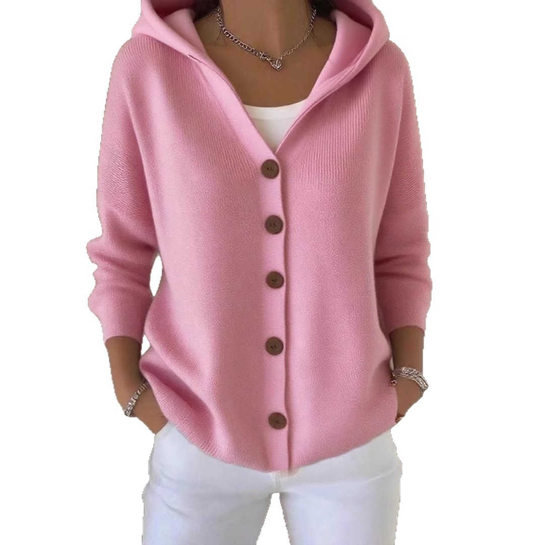 Women's Casual Loose Solid Color Long Sleeve Hooded Cardigan Knit Sweatshirt Jacket