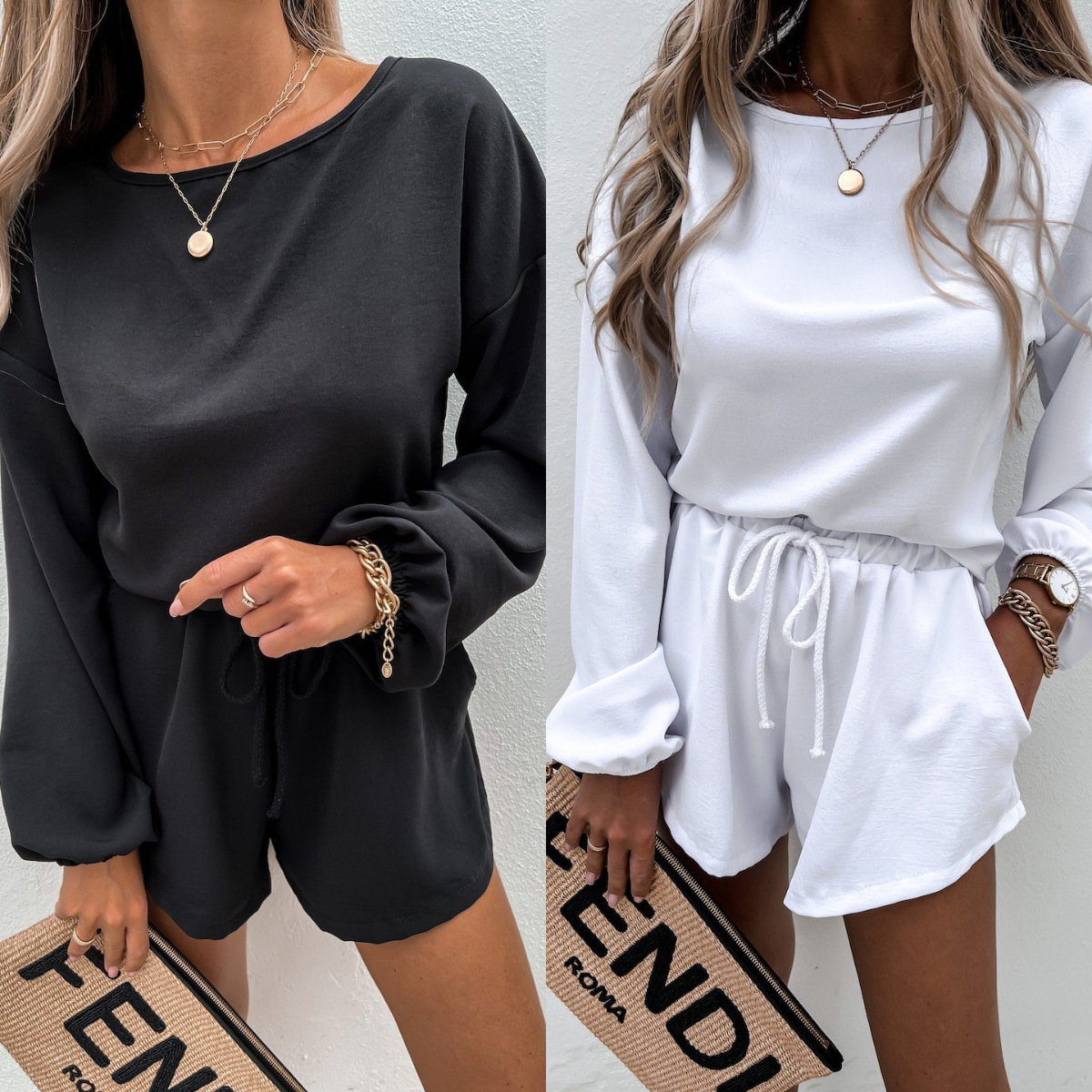 Women's Loose Casual Two-Piece Sport Set Long Sleeve Top & Shorts