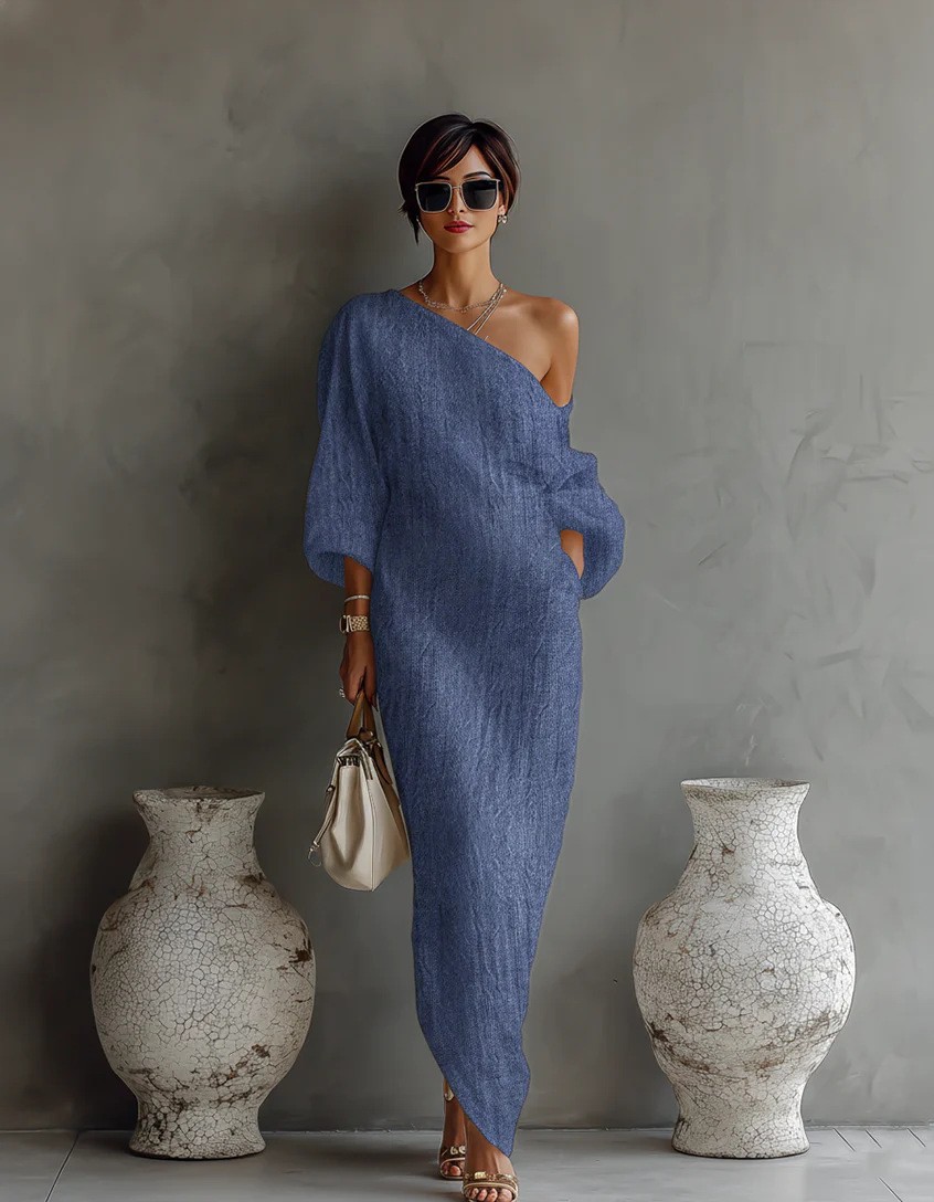 Women's Long Sleeve Off-Shoulder Midi Dress Solid Color Slim Fit