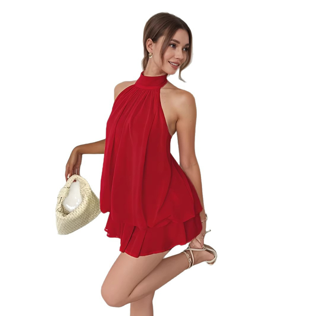 Solid Halter Neck Open Back Fitted Top Puff Skirt Mini Dress