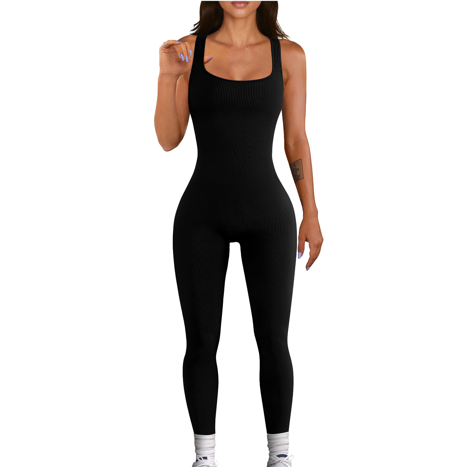 Solid Ribbed Square Neck Sleeveless Backless Bodysuit Jumpsuit