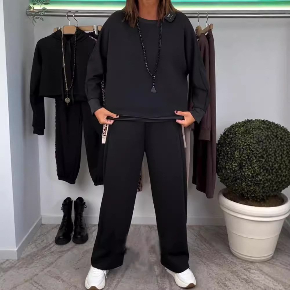 Women's Crewneck Long Sleeve Solid Color Loose Casual Sweatshirt Set