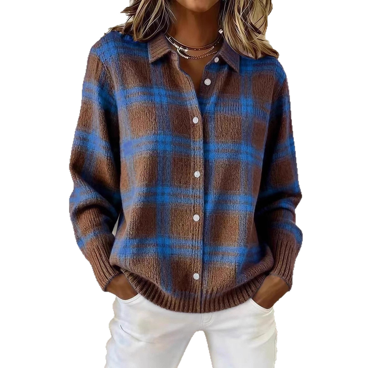Women's Plaid Long Sleeve Collared Cardigan Sweater