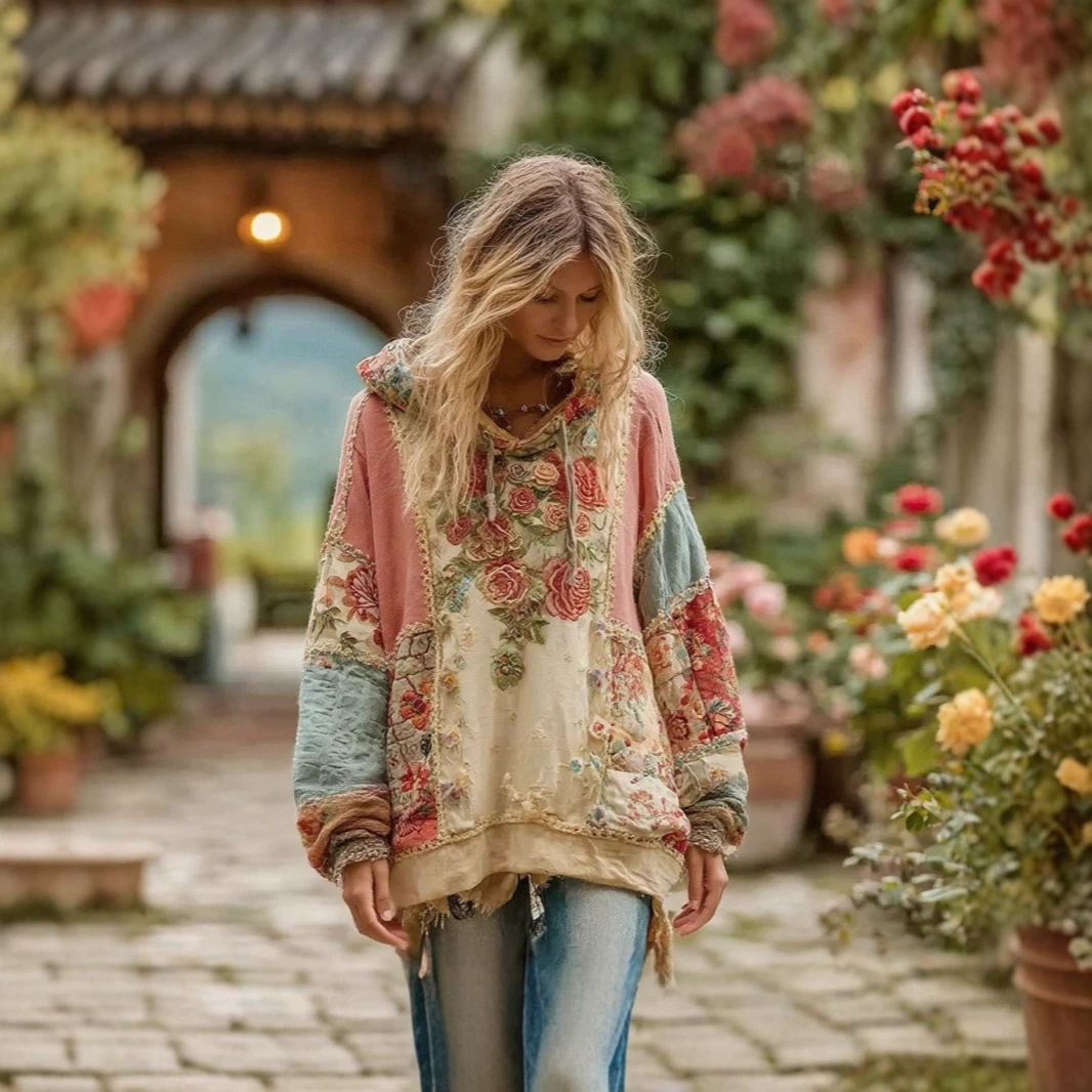 Japanese Cherry Blossom Print Loose Crewneck Sweatshirt