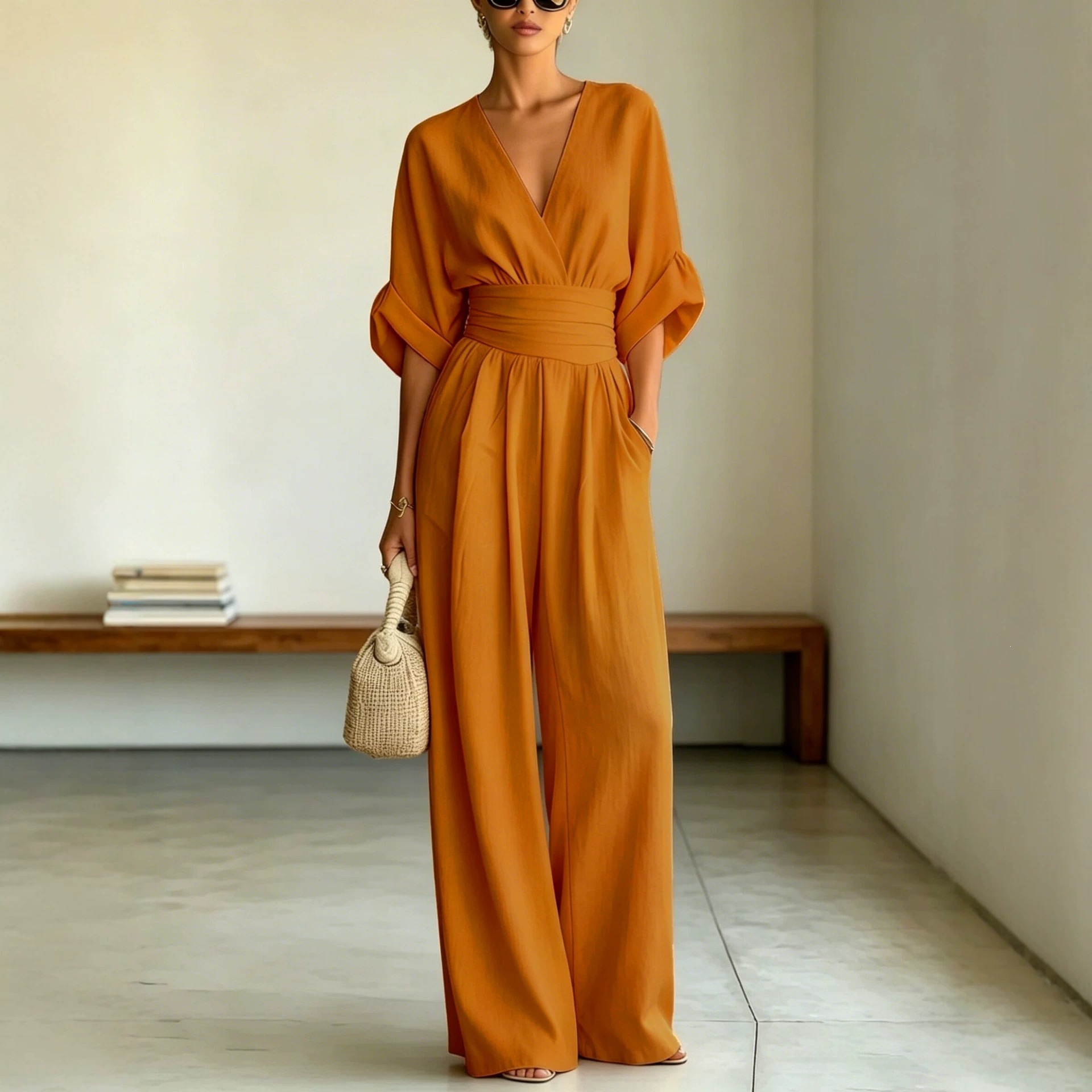V-Neck Cinched Waist Rolled Sleeve Wide-Leg Jumpsuit