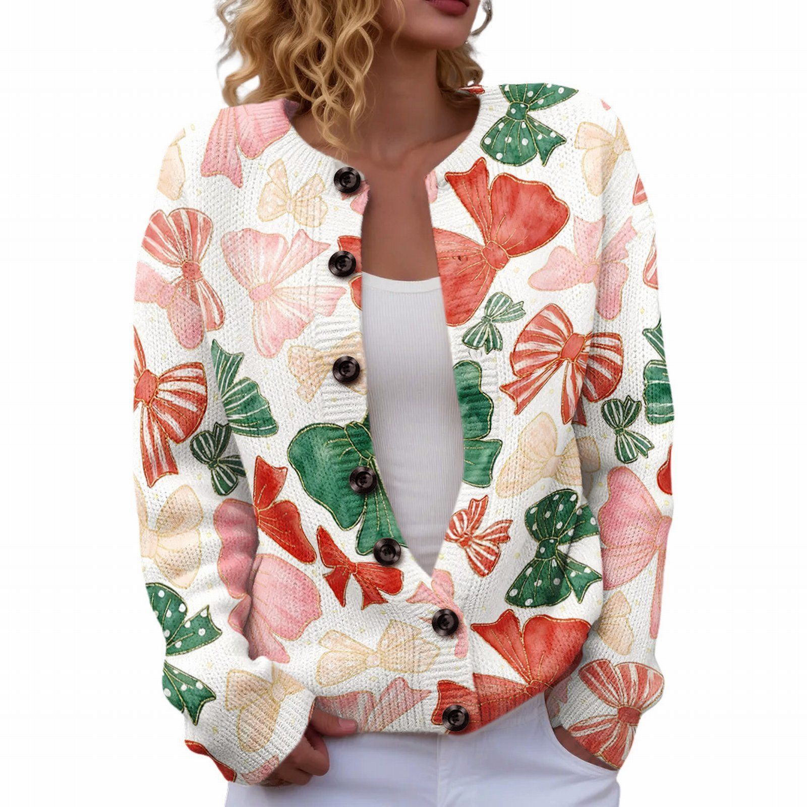 Women's Heart Ribbon Bow Cherry Print Cardigan