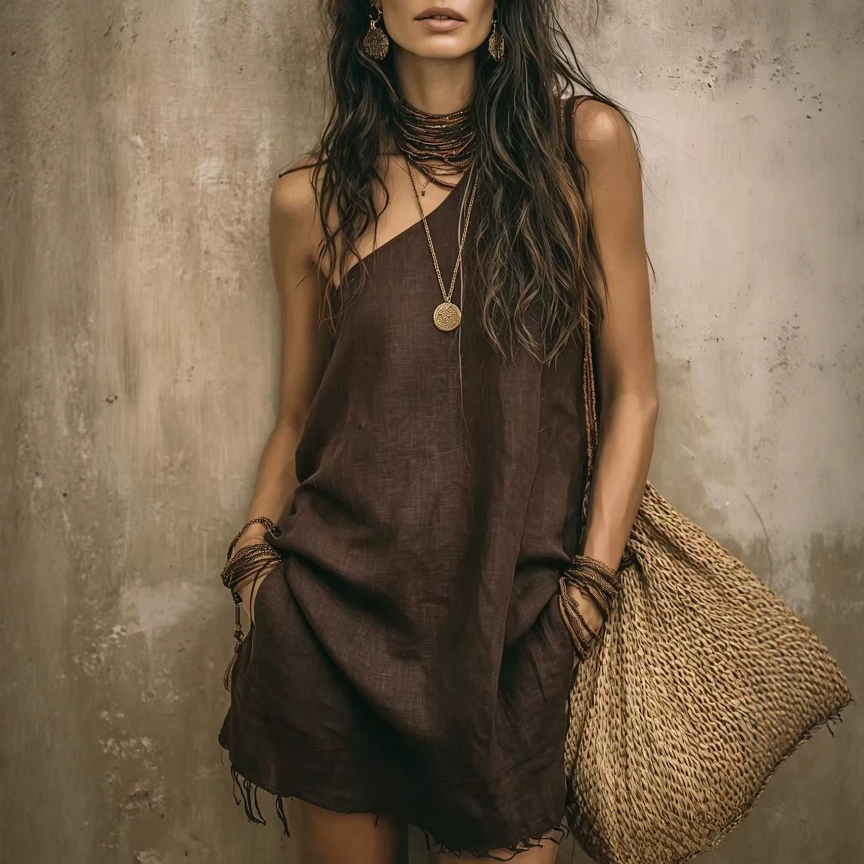 Sleeveless One-Shoulder Asymmetric Solid Boho Fringe Mini Dress