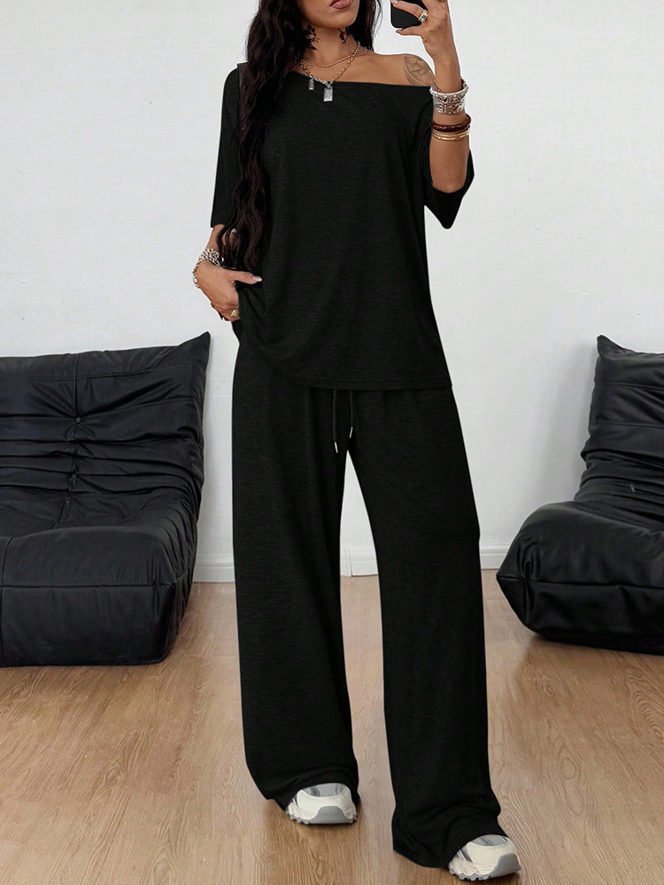 Women's Asymmetric Neck Wide-Leg Pants Set Solid Color Casual Two-Piece