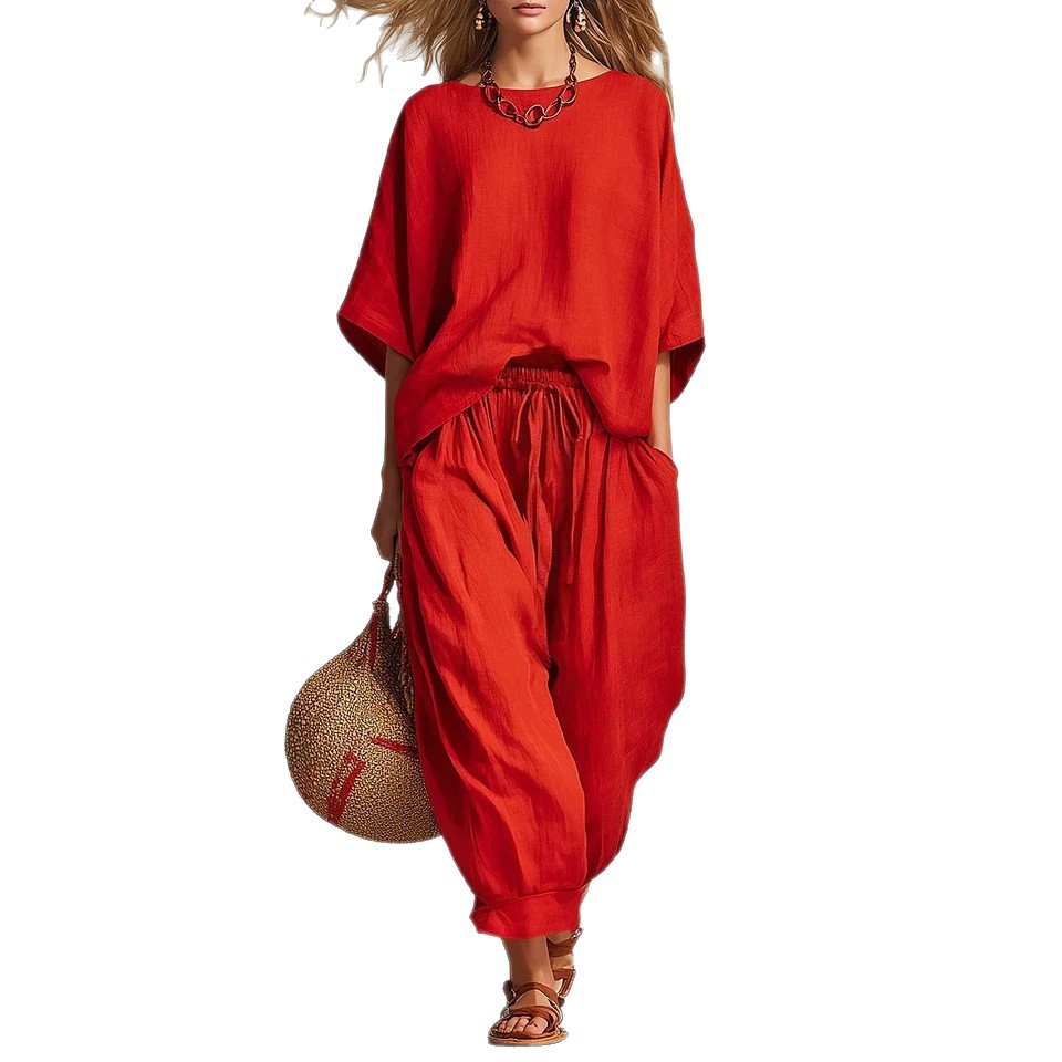 Women's Solid Color Half-Sleeve Crewneck Two-Piece Pants Set