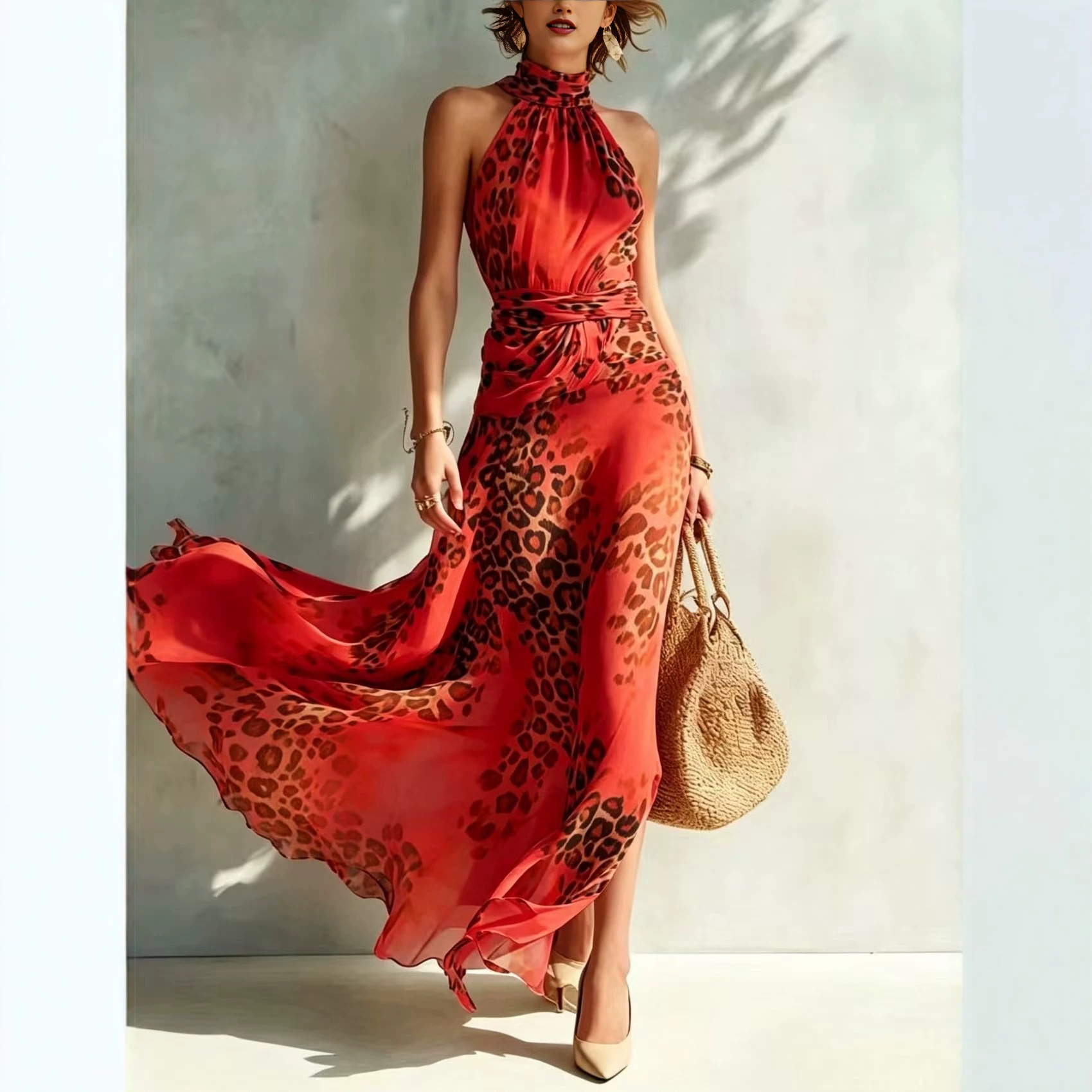 Sleeveless Halter Neck Leopard Print A-Line Maxi Dress