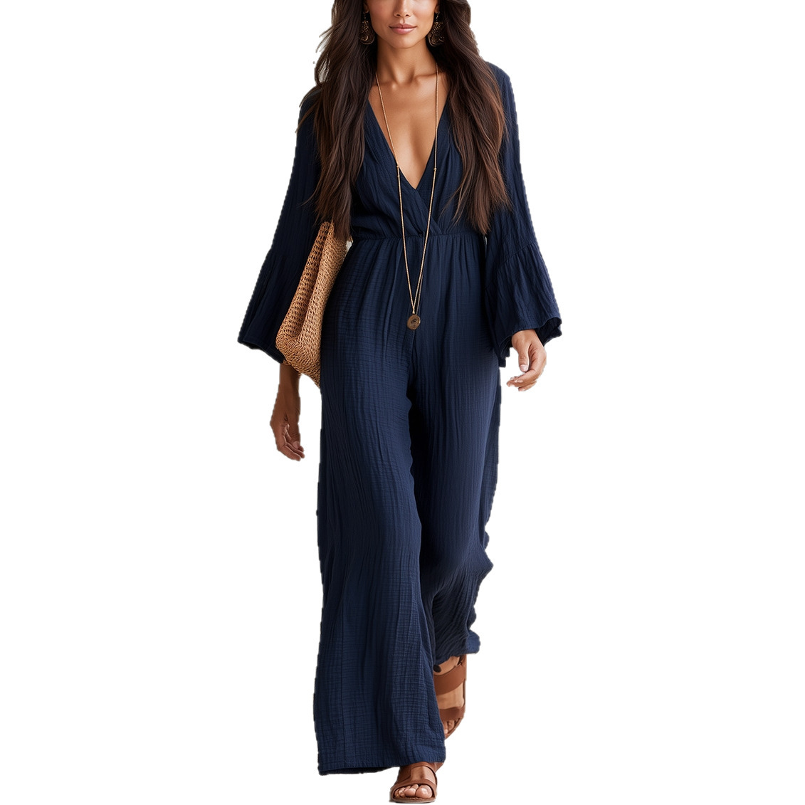 Boho V-Neck Long Sleeve Wide Leg Jumpsuit