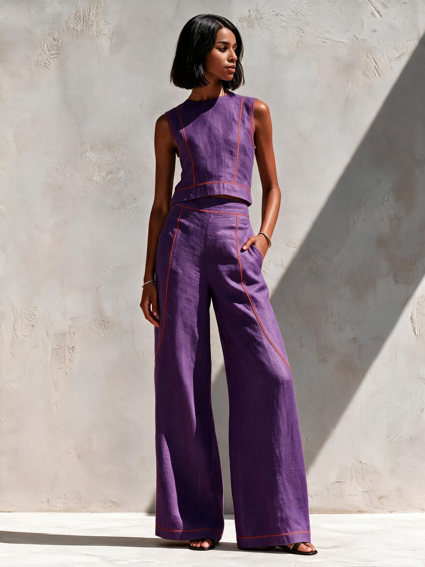 Sleeveless Color-Block Wide-Leg Pants Set Women's Casual Two-Piece