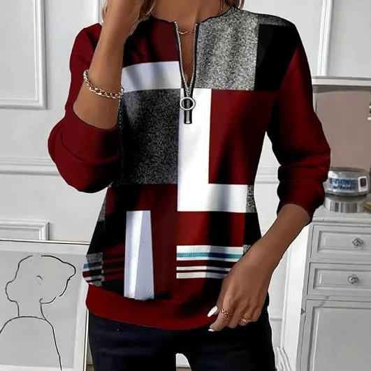 Retro Plaid Colorblock Print Half-Zip Hoodie for Women