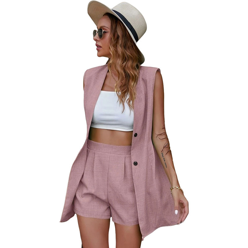 Women's Sleeveless Blazer Vest and Shorts Set Cotton Linen