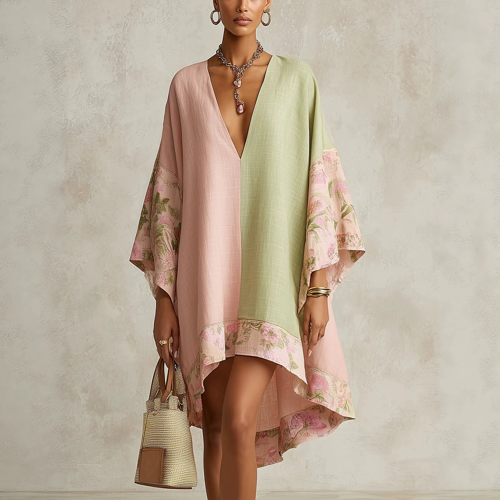 Color-Block V-Neck Loose Floral Print Bell Sleeve Irregular Vacation Dress