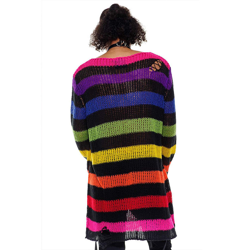 Punk Slouchy Mohair Oversized Distressed Rainbow Gradient Striped Midi Sweater