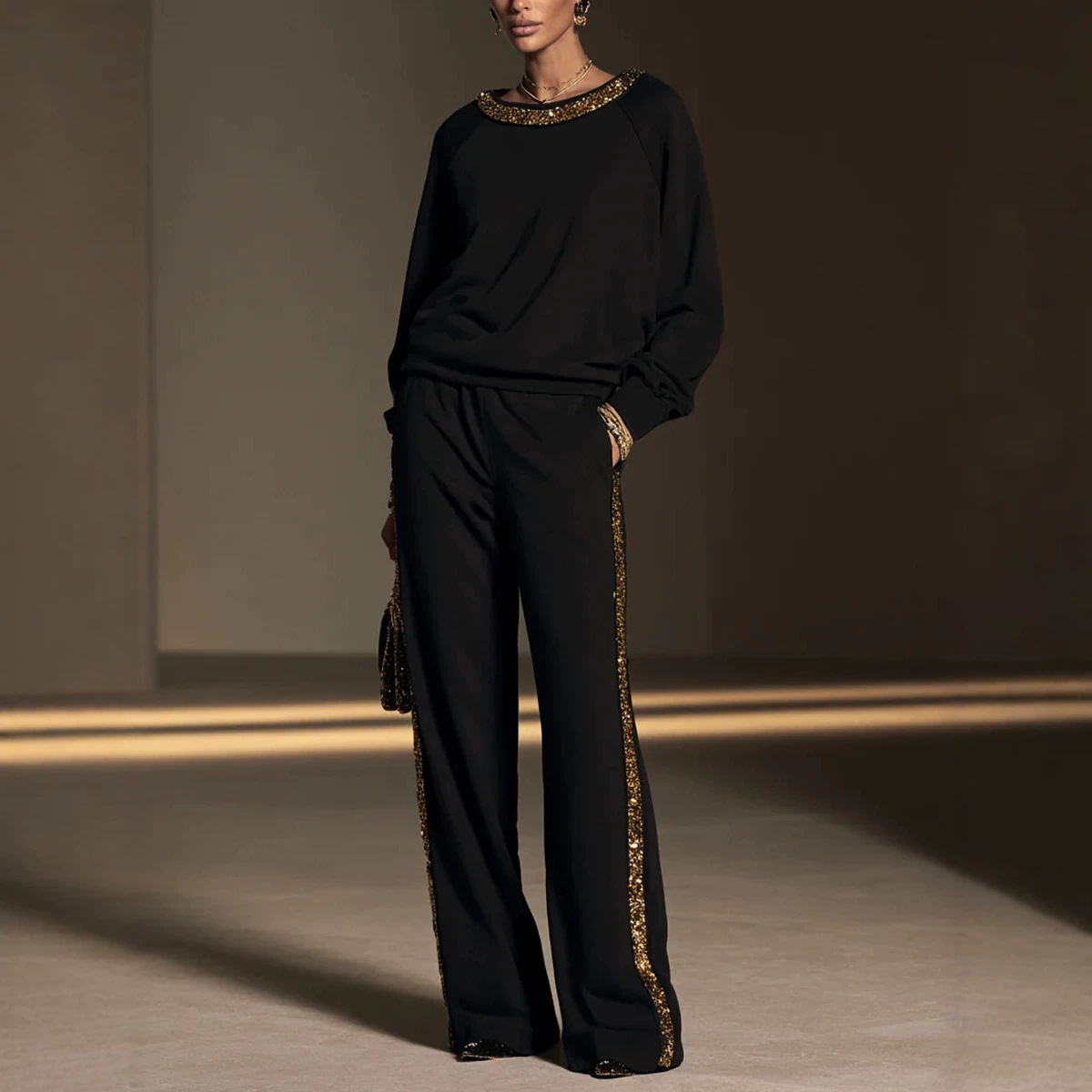 Gold Sequin Boat Neck Top & Wide Leg Pants Set