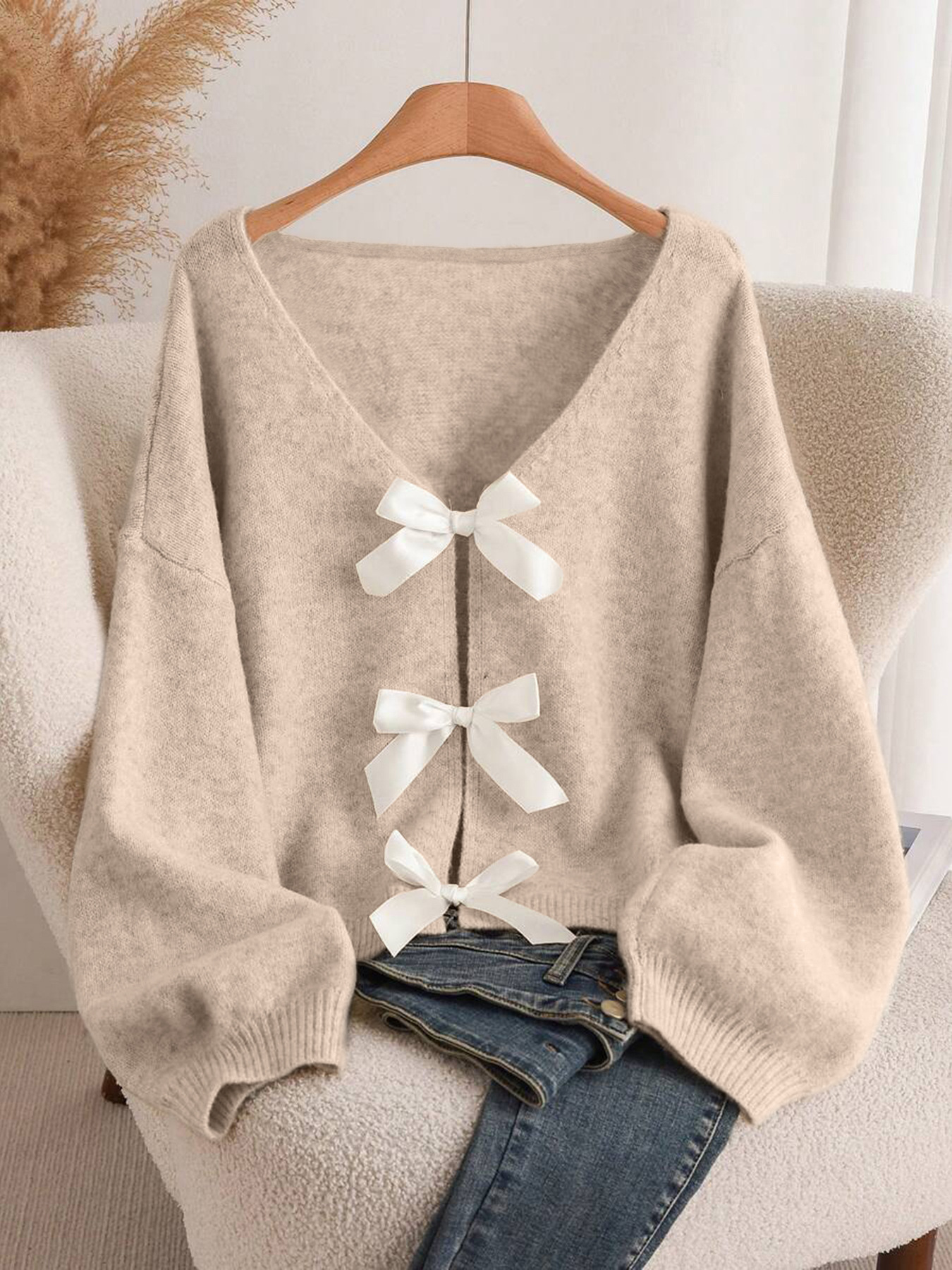 Bow Knit Cardigan Loose Slouchy Sweater