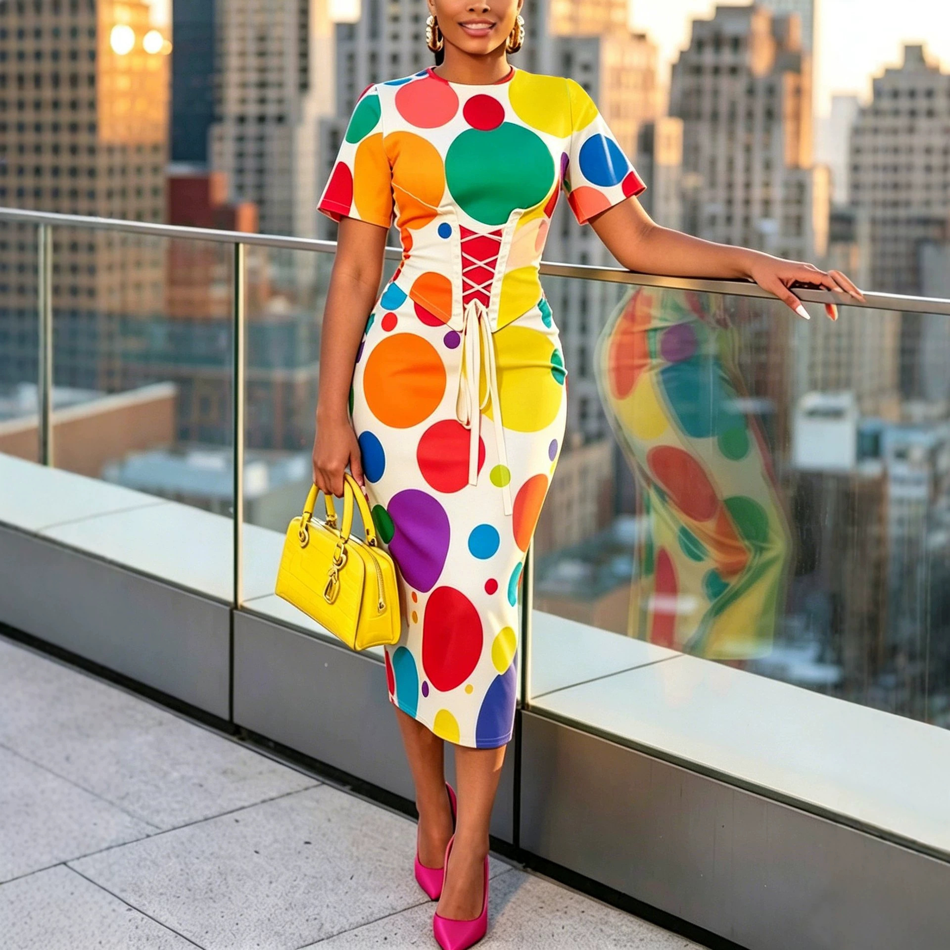 Elegant Polka Dot Print Round Neck Waist-Defined Midi Dress