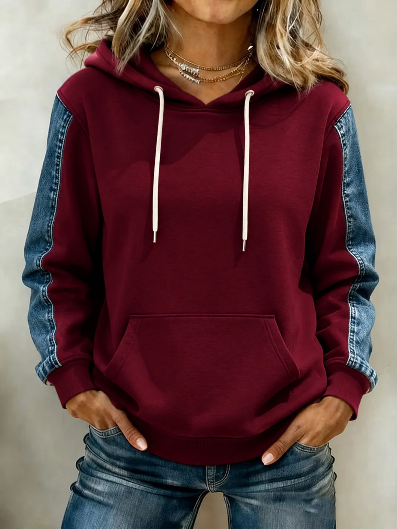 Minimalist 3D Print Color-Block Loose Hoodie