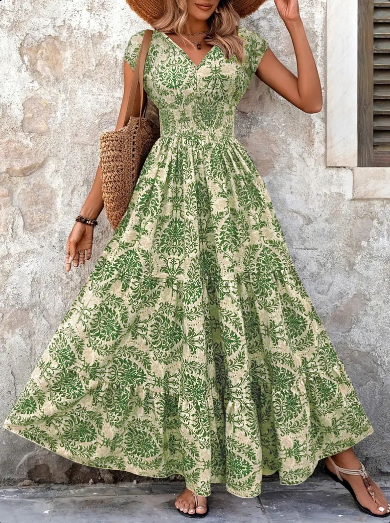 Vintage Geometric Print V-Neck Short Sleeve A-Line Maxi Dress