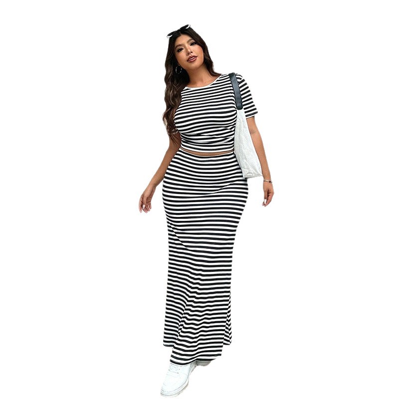 Women's Plus Size Striped Top and High-Waist Mermaid Midi Skirt Set