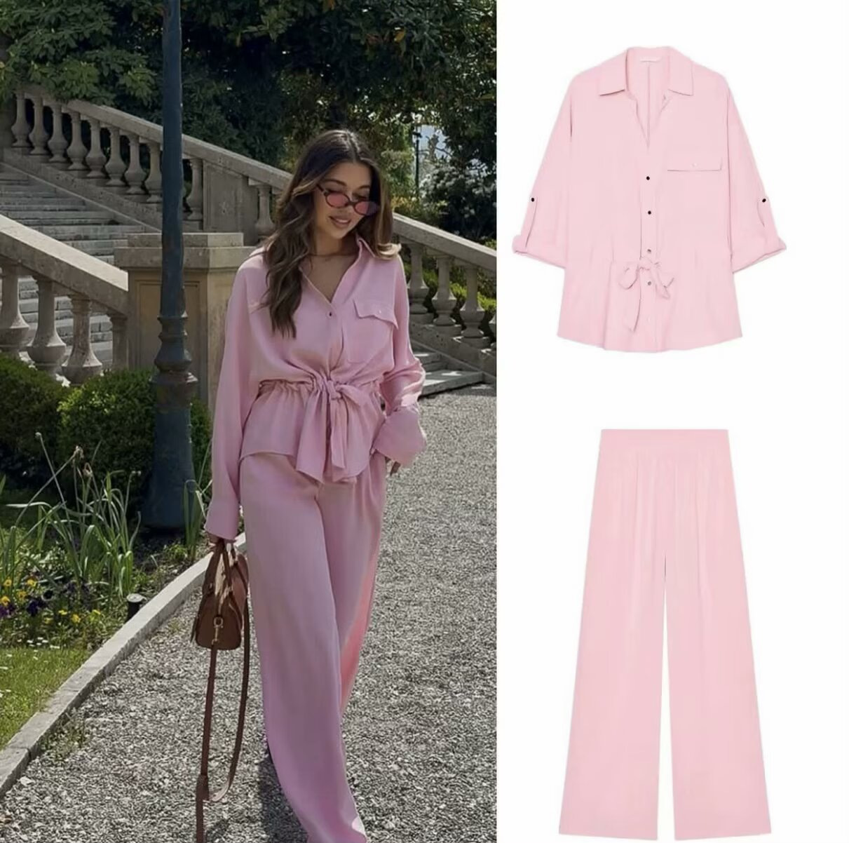 Women's Two-Tone Collared Long-Sleeve Shirt and Pants Set