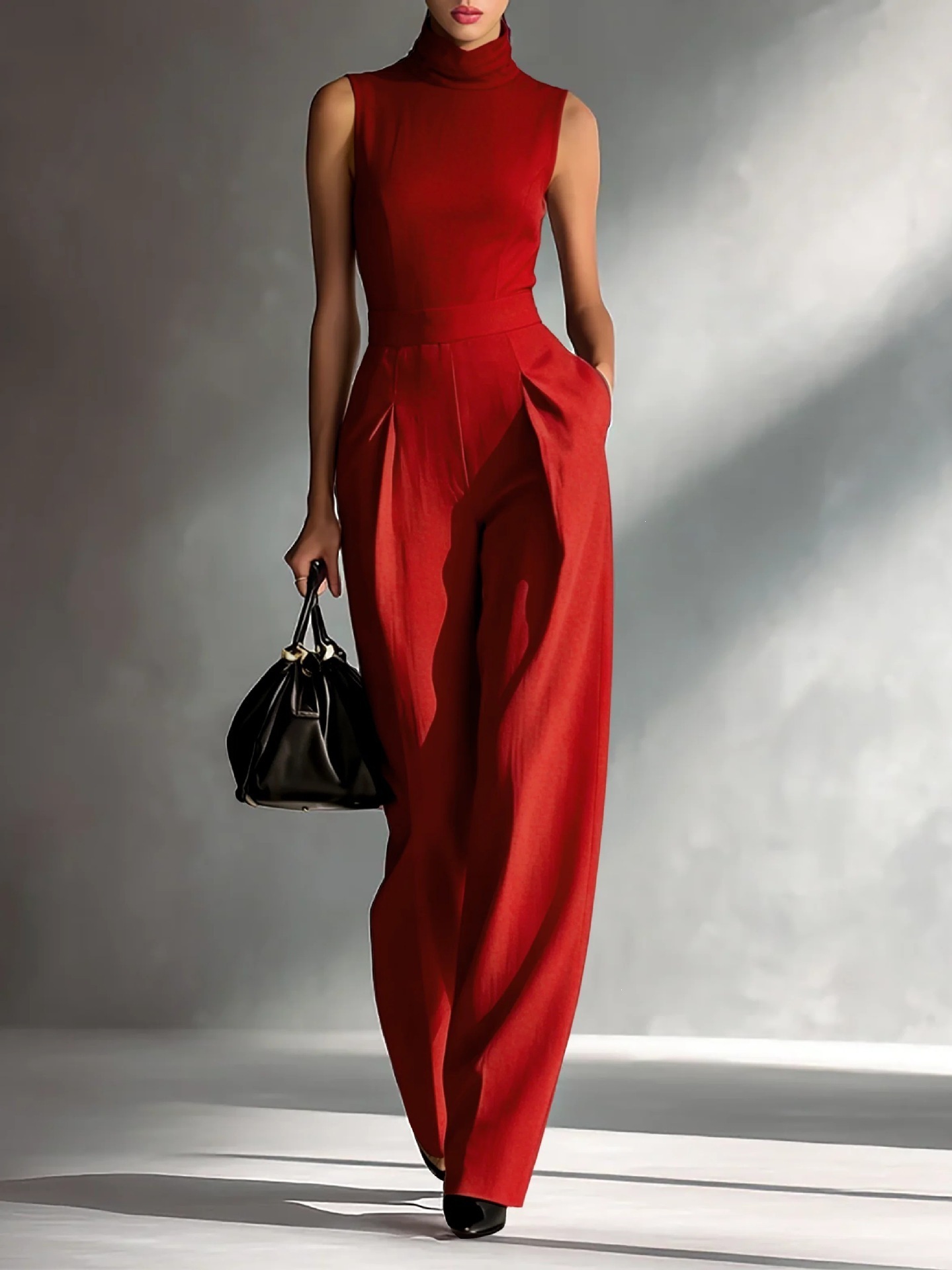 Sleeveless High Neck Wide Leg Jumpsuit with Cinched Waist