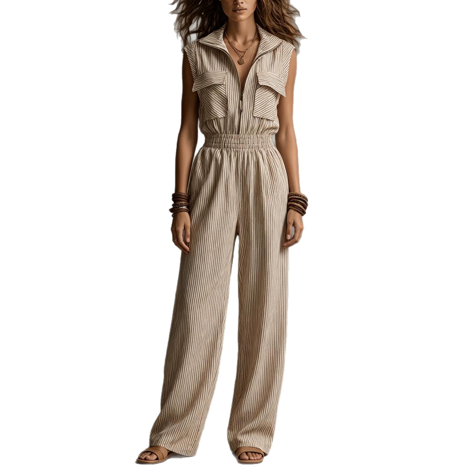 Striped Sleeveless Zip Pocket Jumpsuit Cargo Long Pants