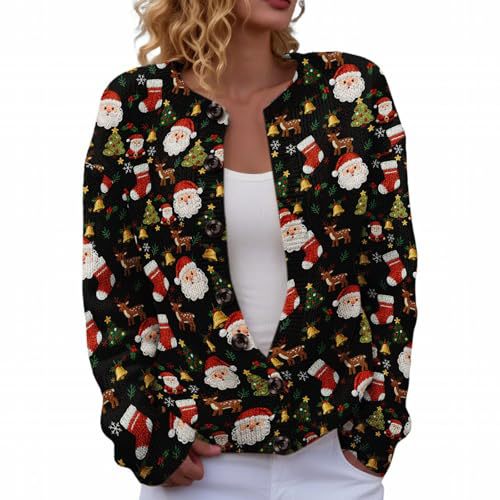 Women's Christmas Reindeer Print Button Cardigan Sweater