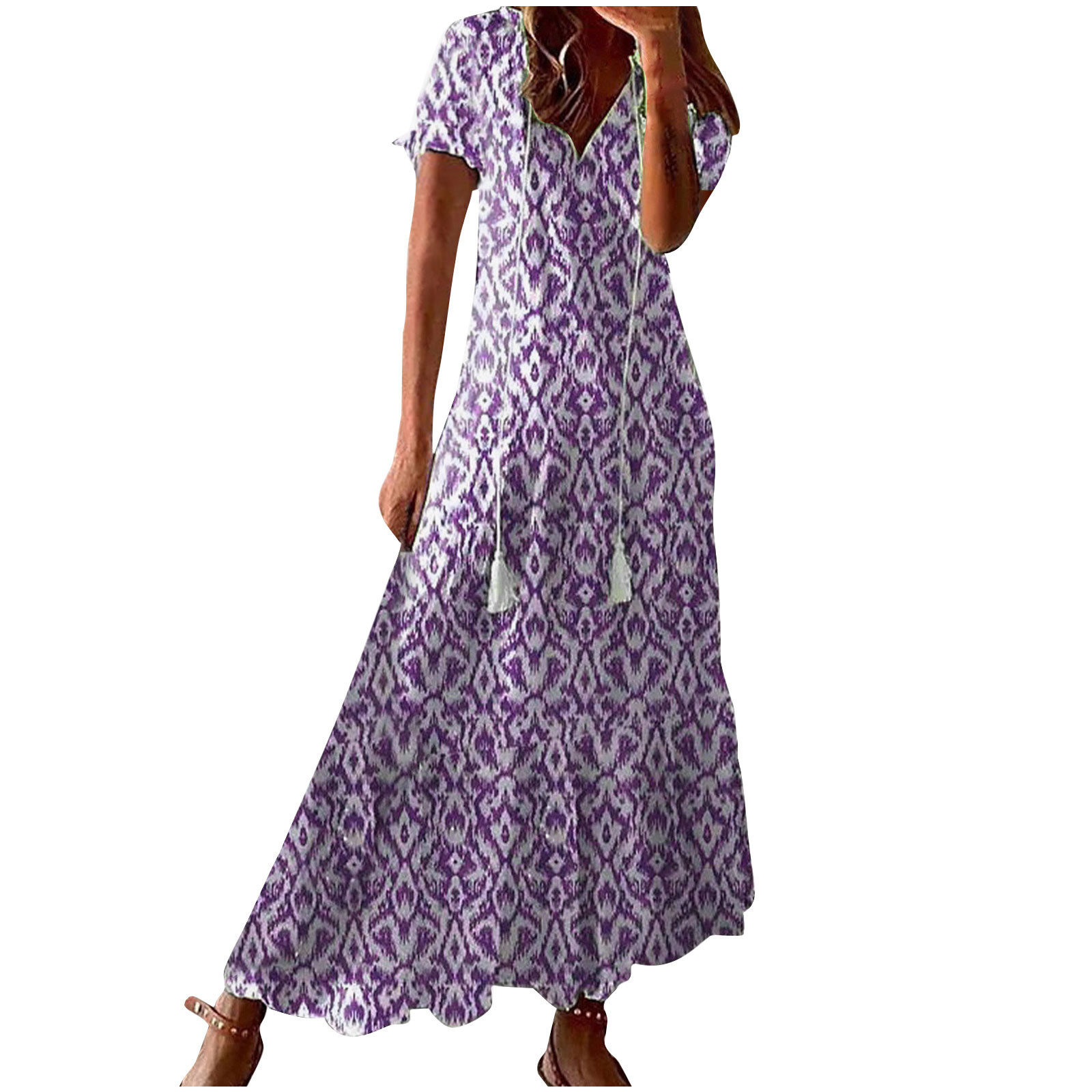 Women's Floral Midi Dress V-Neck A-Line Short Sleeve Loose Fit